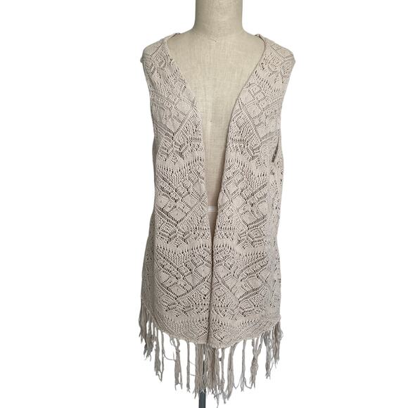 Crochet Fringe Vest Tan Neutral Medium - Picture 2 of 8